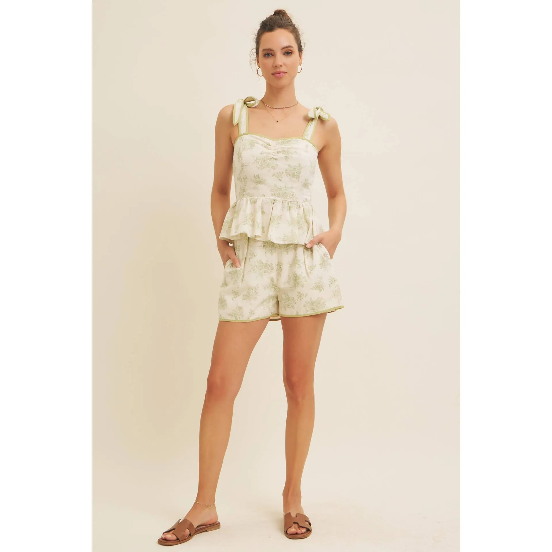 FLORAL PRINT COTTON LINEN SMOCKED PEPLUM TOP
