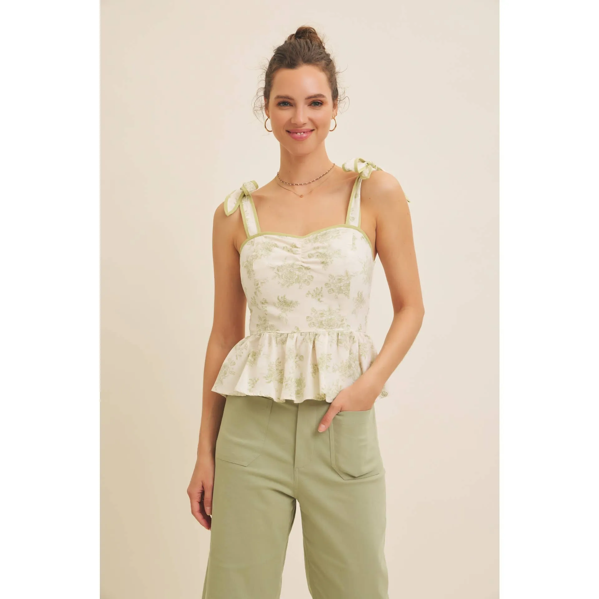FLORAL PRINT COTTON LINEN SMOCKED PEPLUM TOP