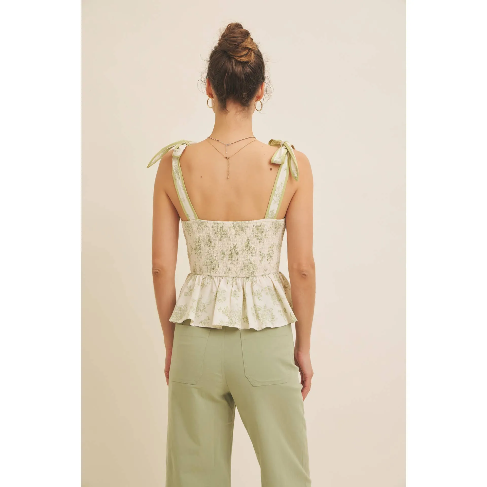 FLORAL PRINT COTTON LINEN SMOCKED PEPLUM TOP