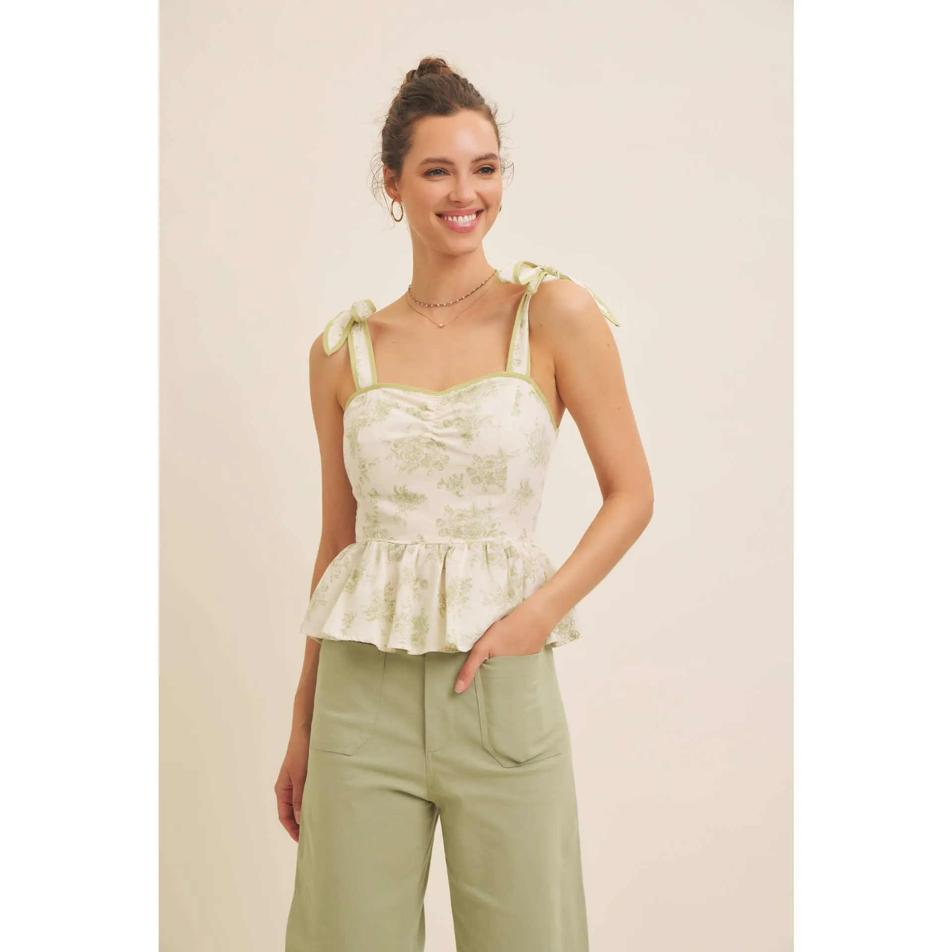 FLORAL PRINT COTTON LINEN SMOCKED PEPLUM TOP