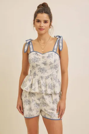 FLORAL PRINT COTTON LINEN SMOCKED PEPLUM TOP