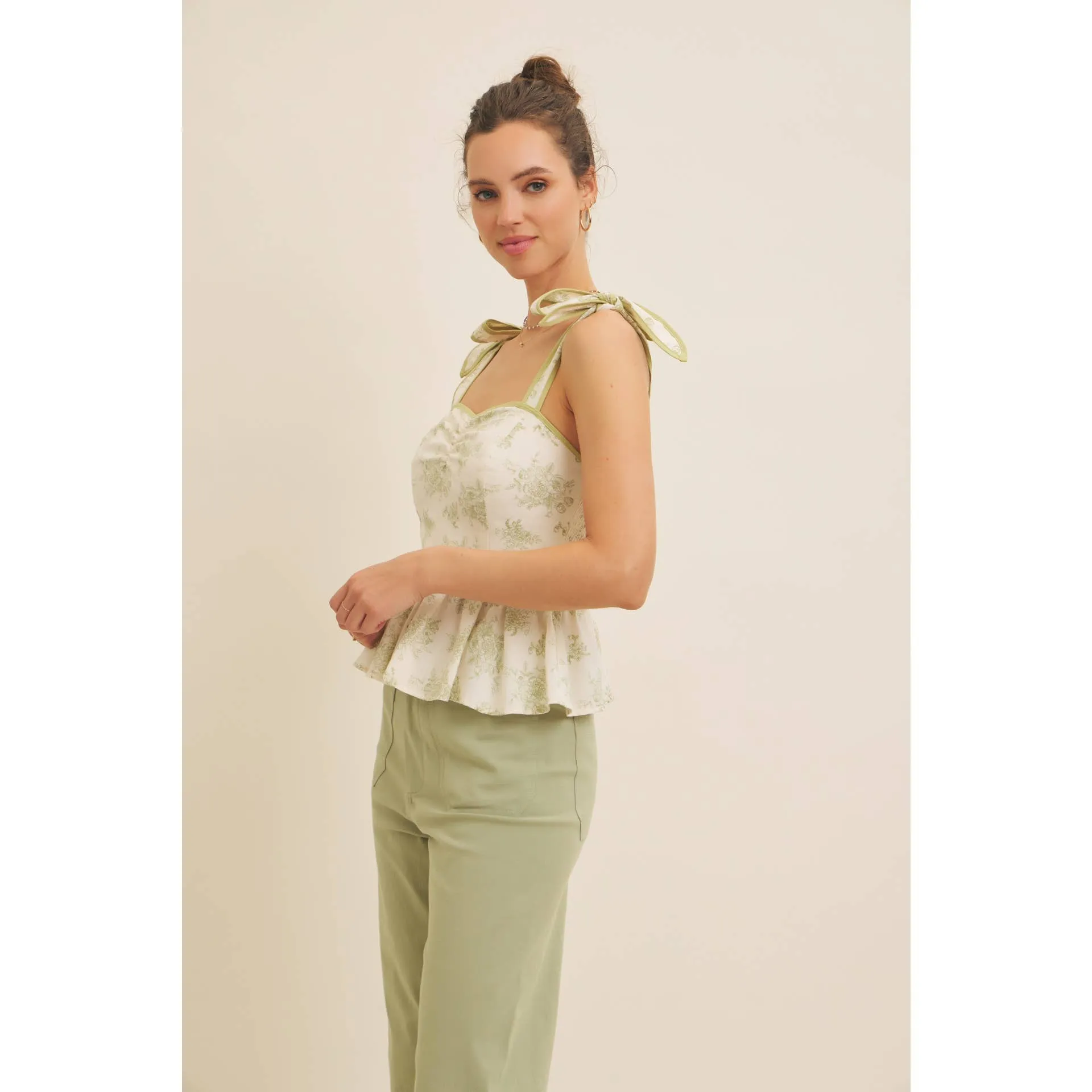 FLORAL PRINT COTTON LINEN SMOCKED PEPLUM TOP