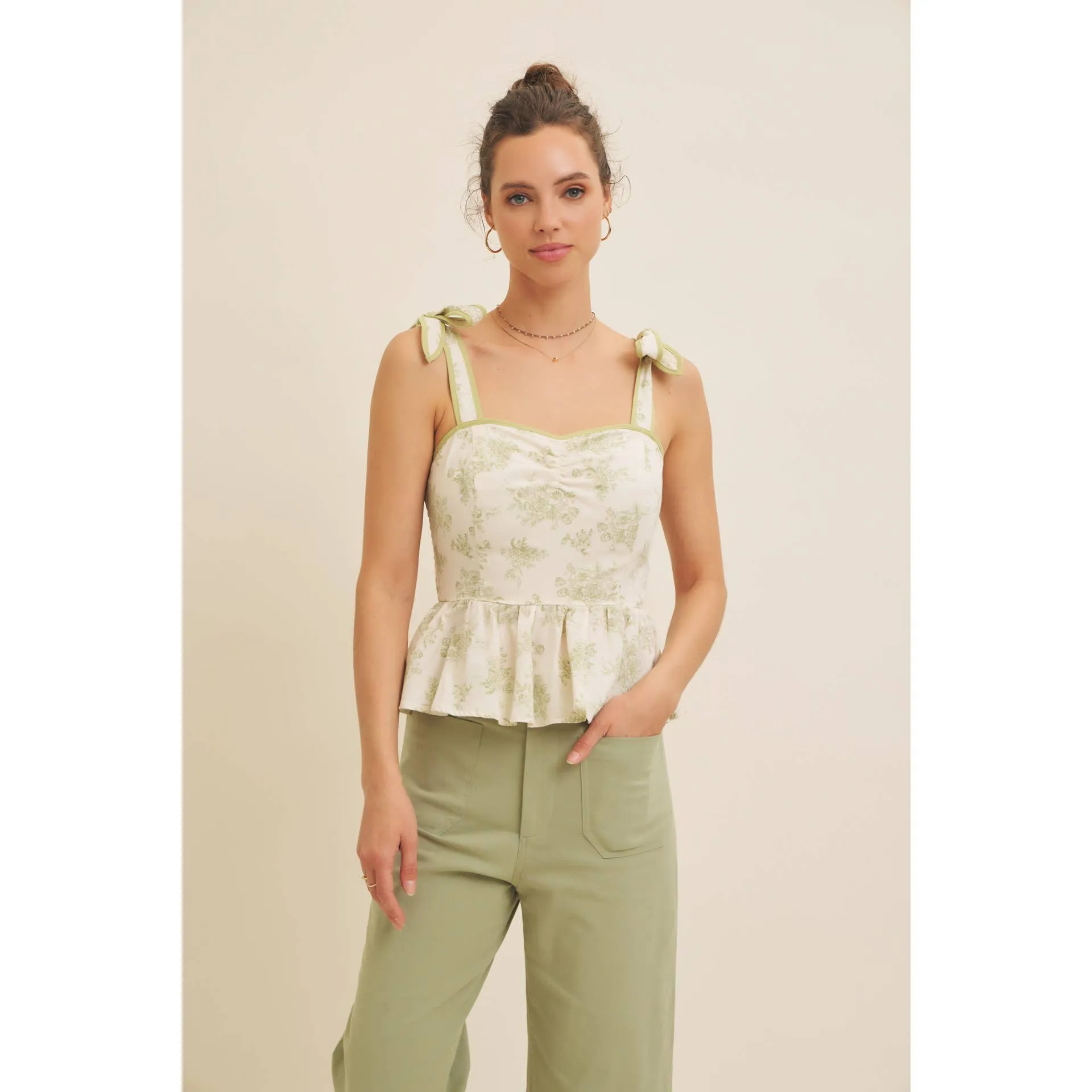 FLORAL PRINT COTTON LINEN SMOCKED PEPLUM TOP