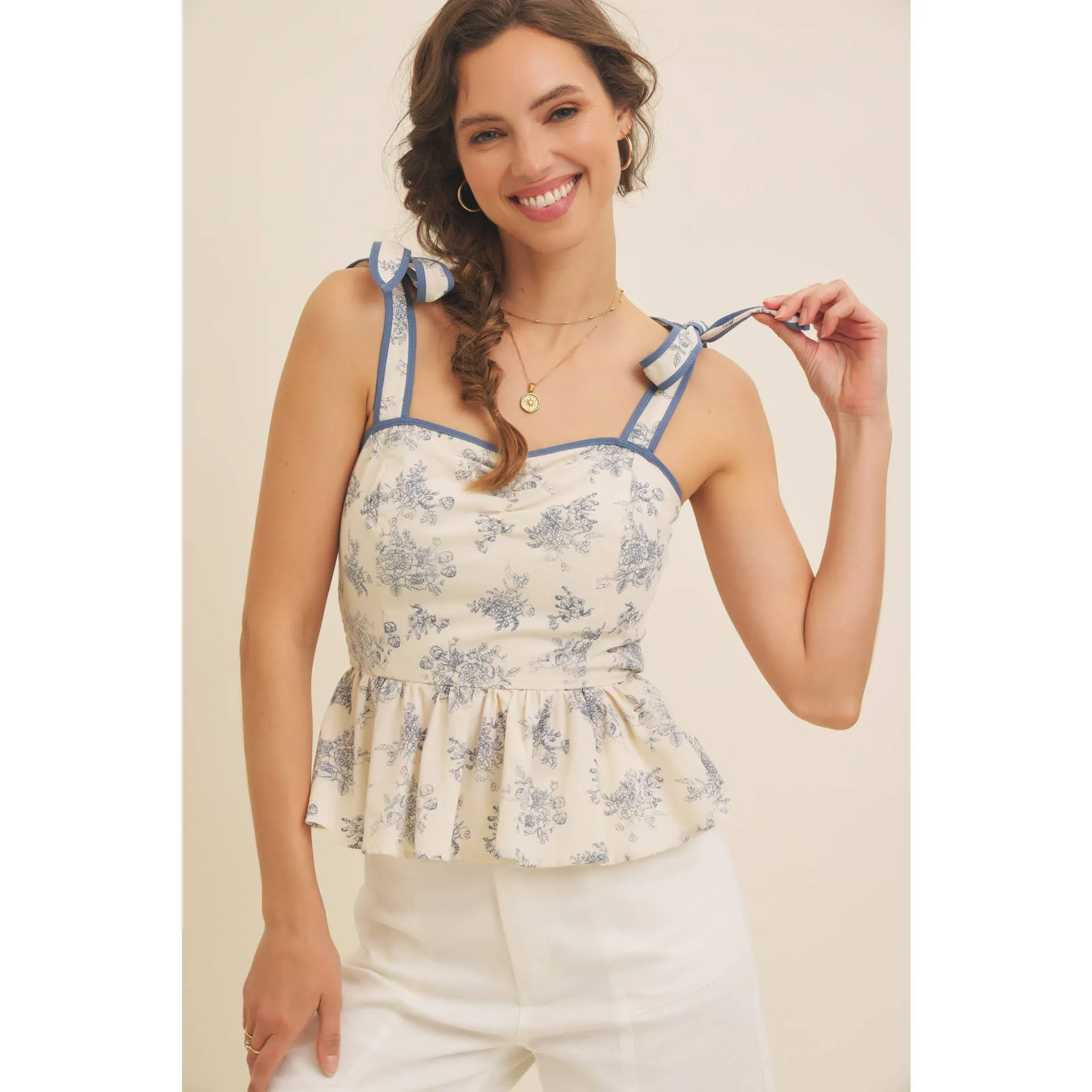 FLORAL PRINT COTTON LINEN SMOCKED PEPLUM TOP