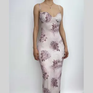 Flower print contrast sweetheart neck backless cami midi dress