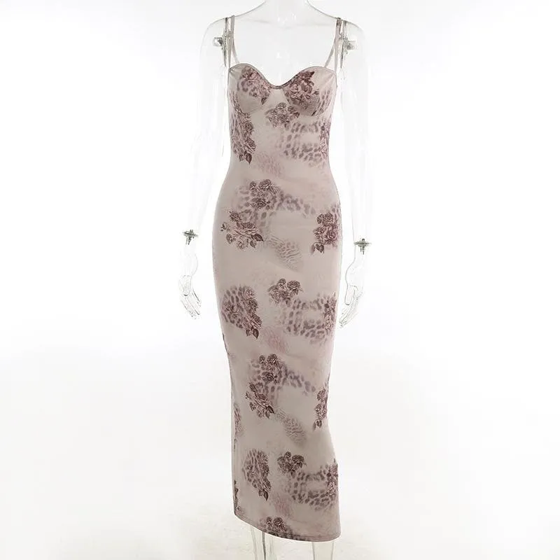 Flower print contrast sweetheart neck backless cami midi dress