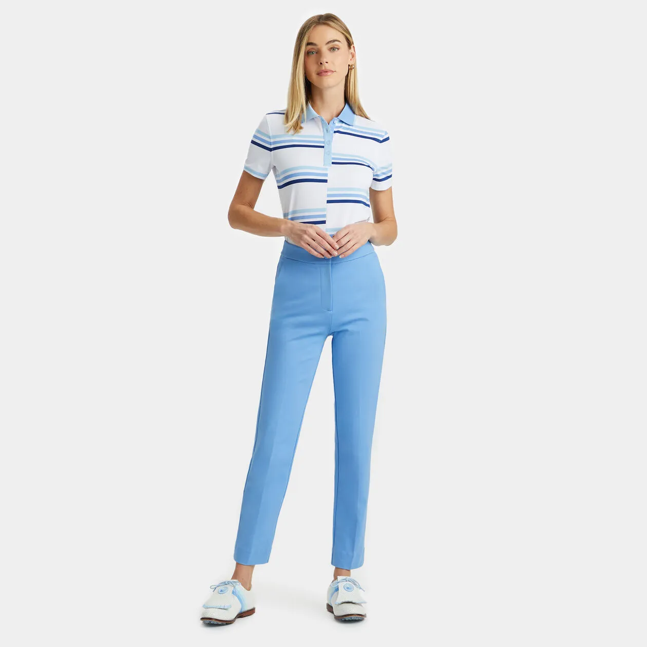G/FORE WOMENS OFFSET GRADIENT STRIPE TECH JERSEY POLO - BAJA