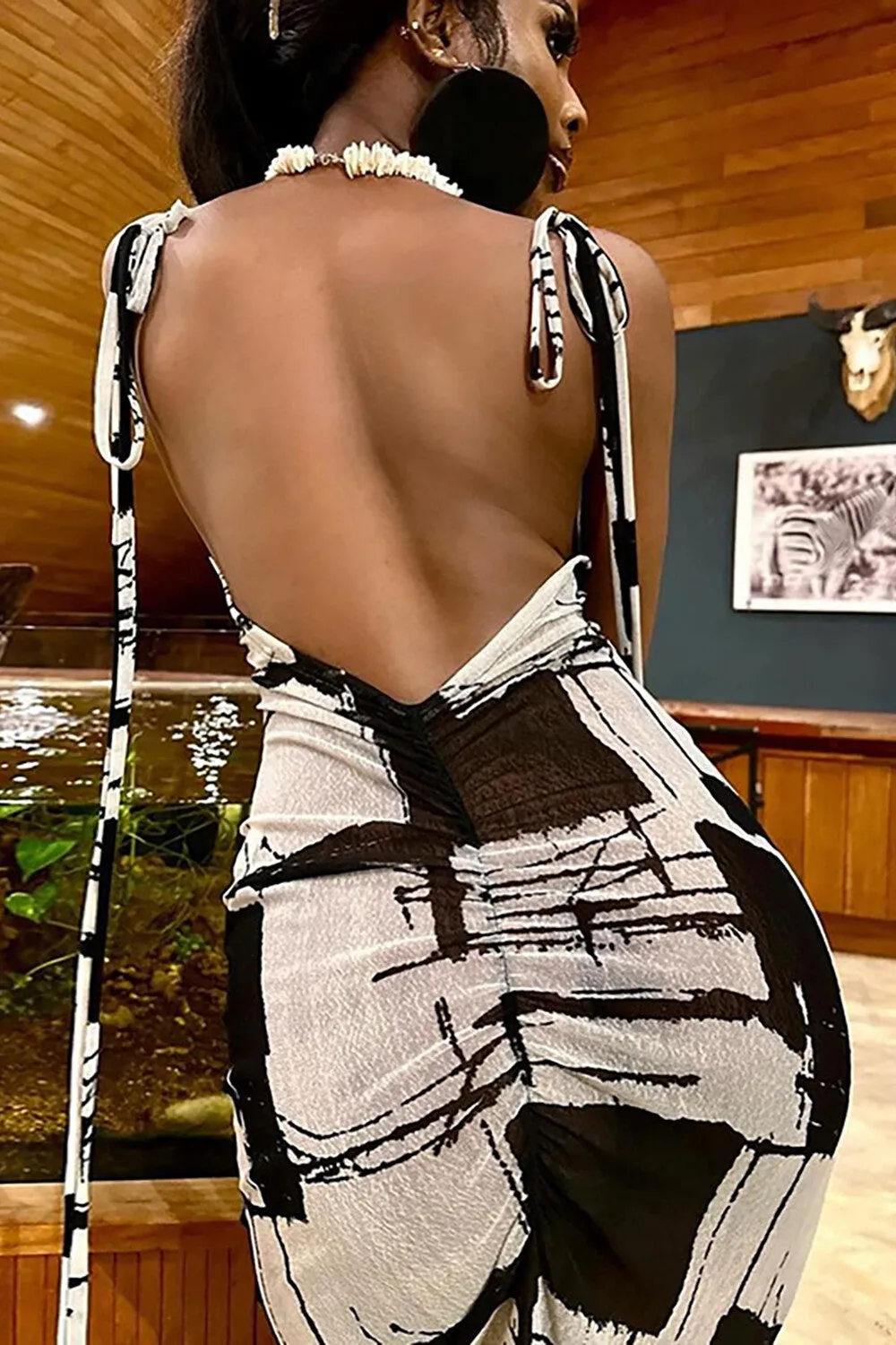Graphic Print U Neck Open Back Bodycon Slip Maxi Dresses-Black