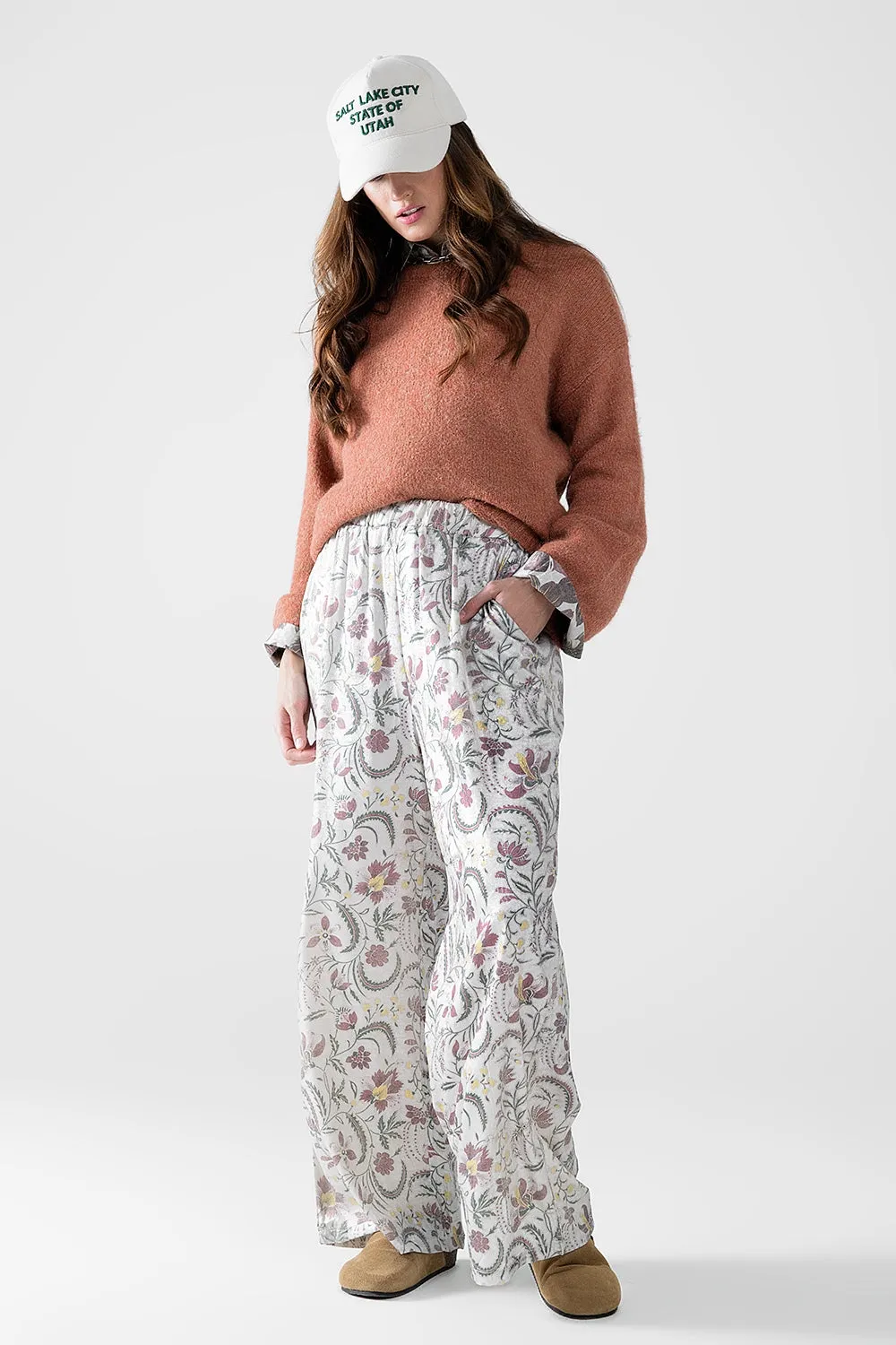 gray flower printed satin pants