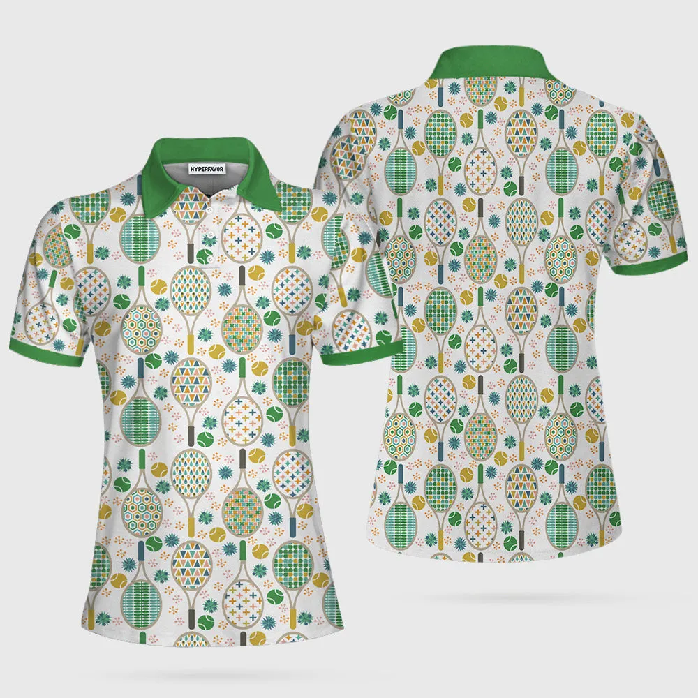 Green And Golden Tennis Pattern Short Sleeve Women Polo Shirt