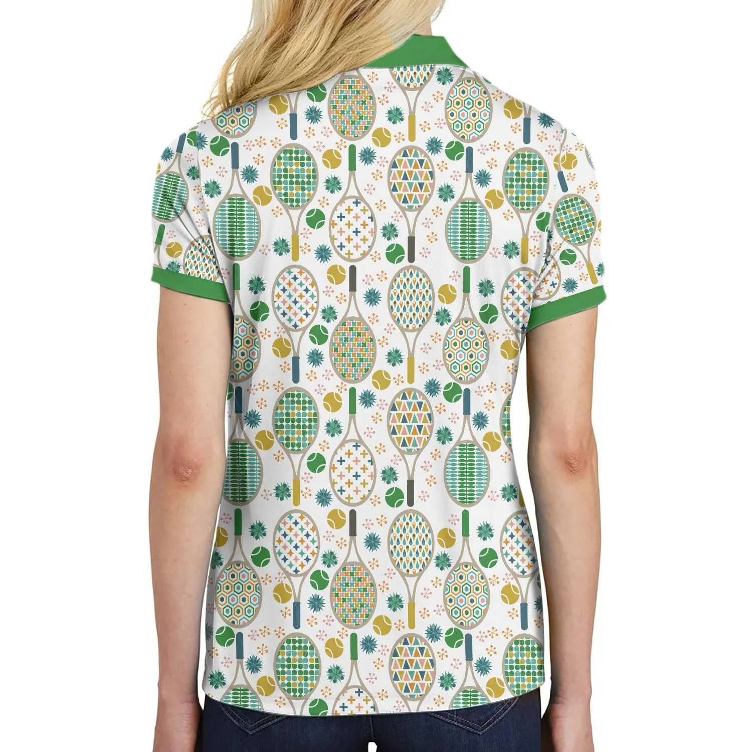 Green And Golden Tennis Pattern Short Sleeve Women Polo Shirt