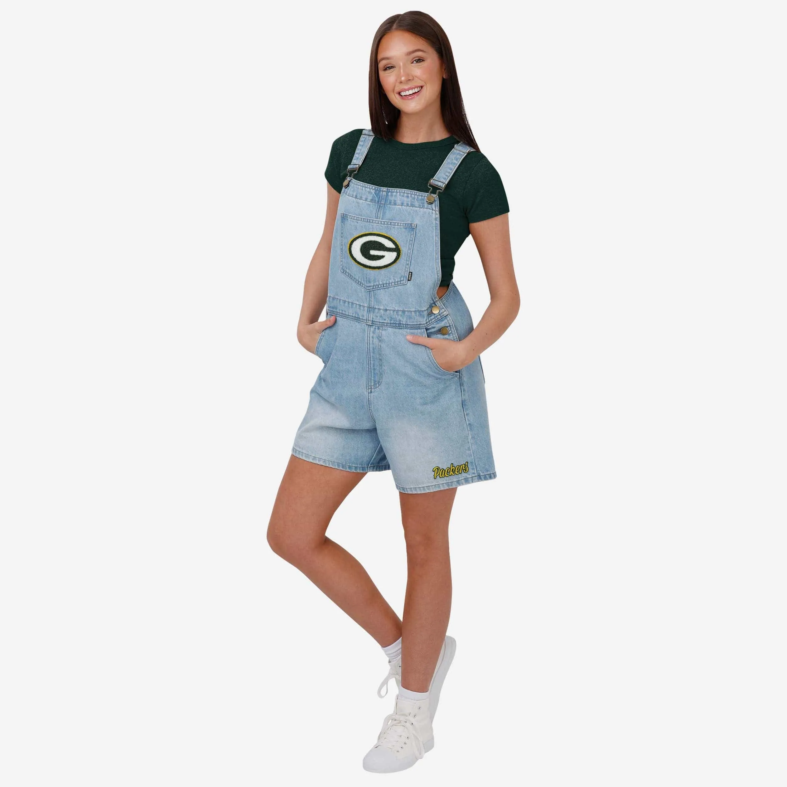 Green Bay Packers Womens Big Logo Denim Bib Shortalls