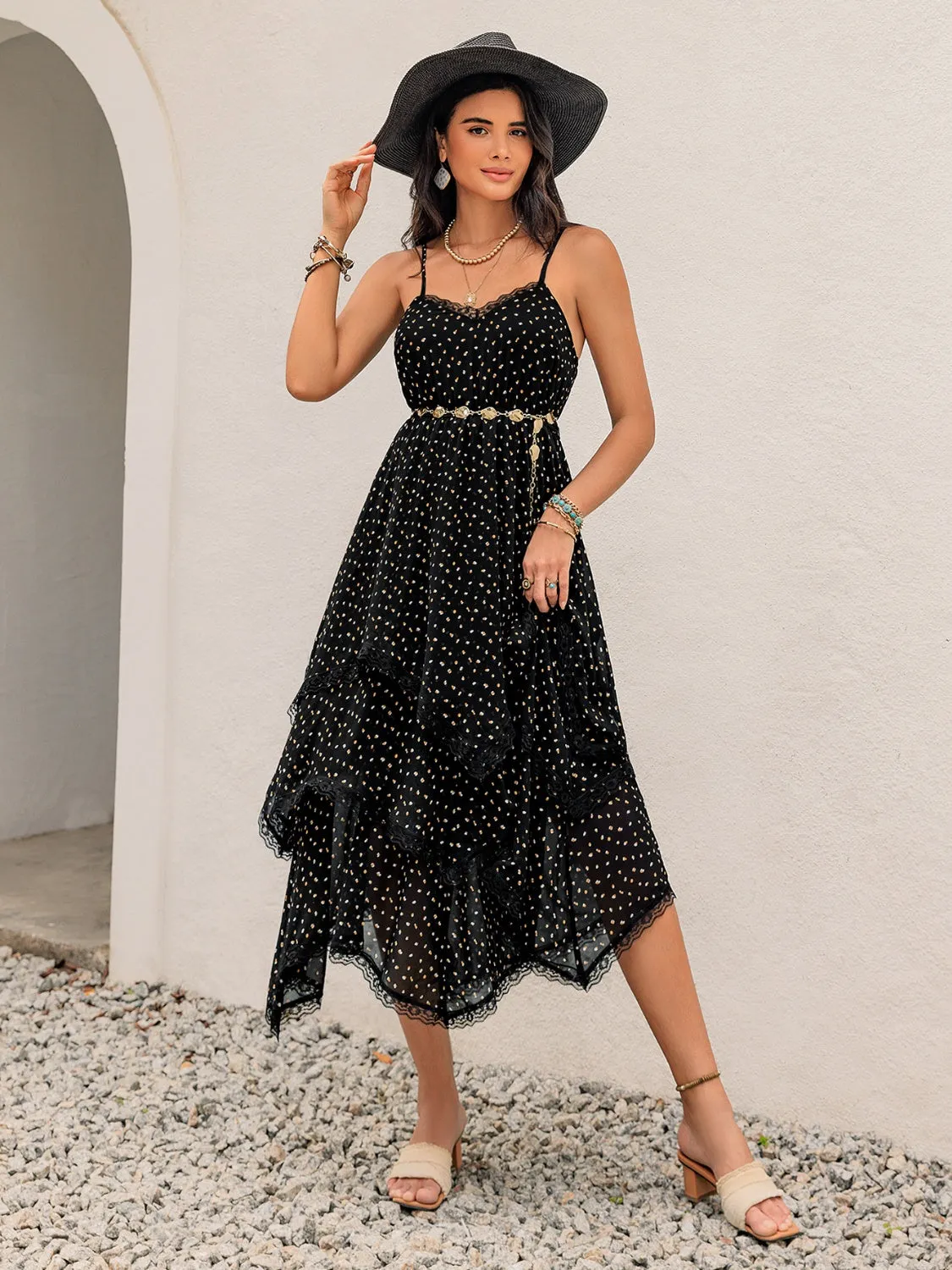 Hazel Blues® |  Lace Detail Layered Printed Midi Cami Dress