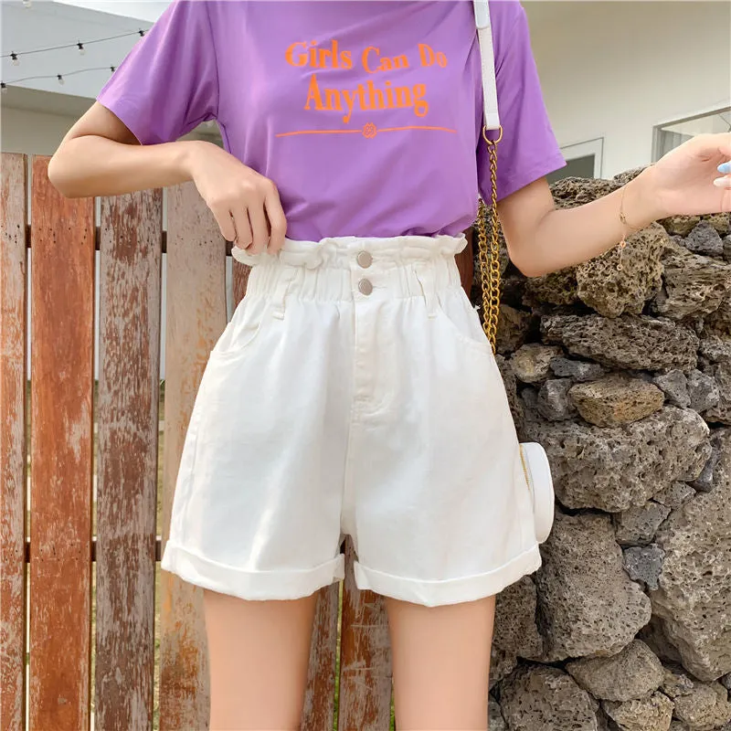 High Waist Elastic Ruffle Denim Shorts Jeans