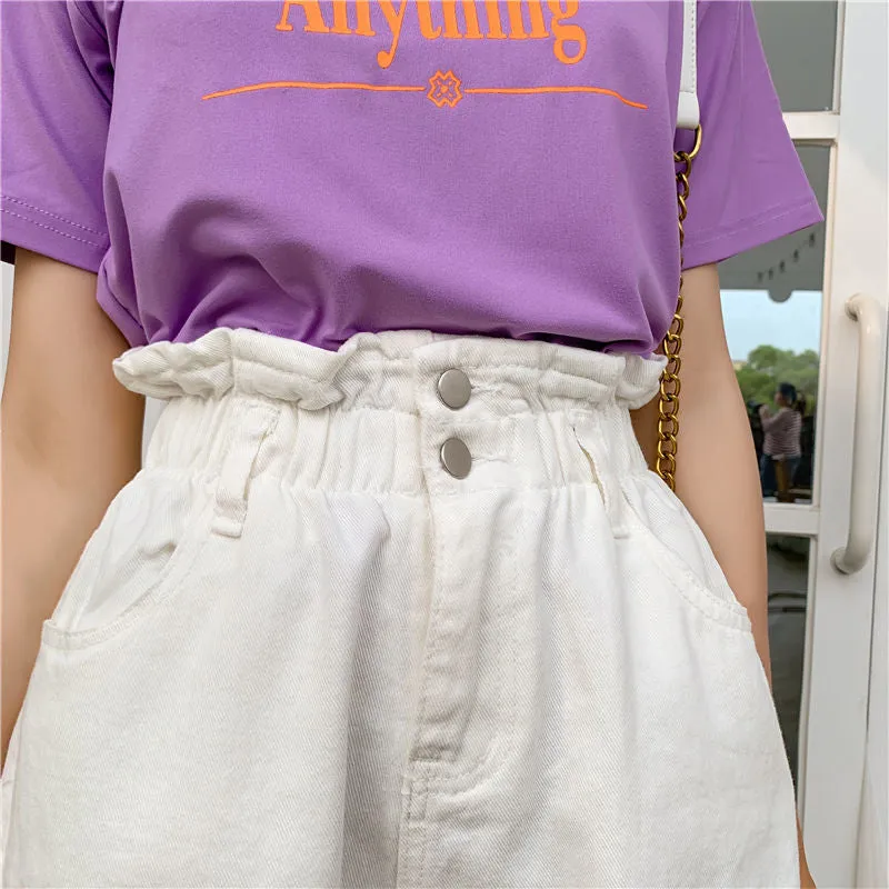 High Waist Elastic Ruffle Denim Shorts Jeans