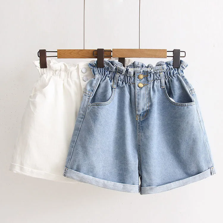 High Waist Elastic Ruffle Denim Shorts Jeans