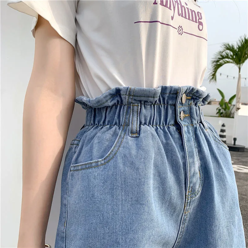 High Waist Elastic Ruffle Denim Shorts Jeans