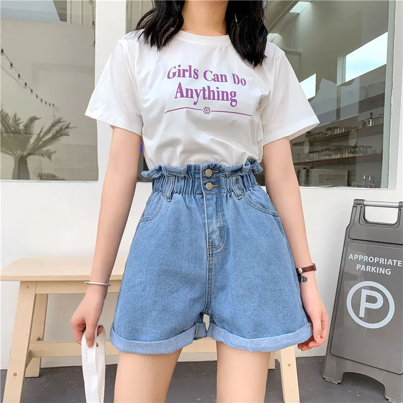 High Waist Elastic Ruffle Denim Shorts Jeans