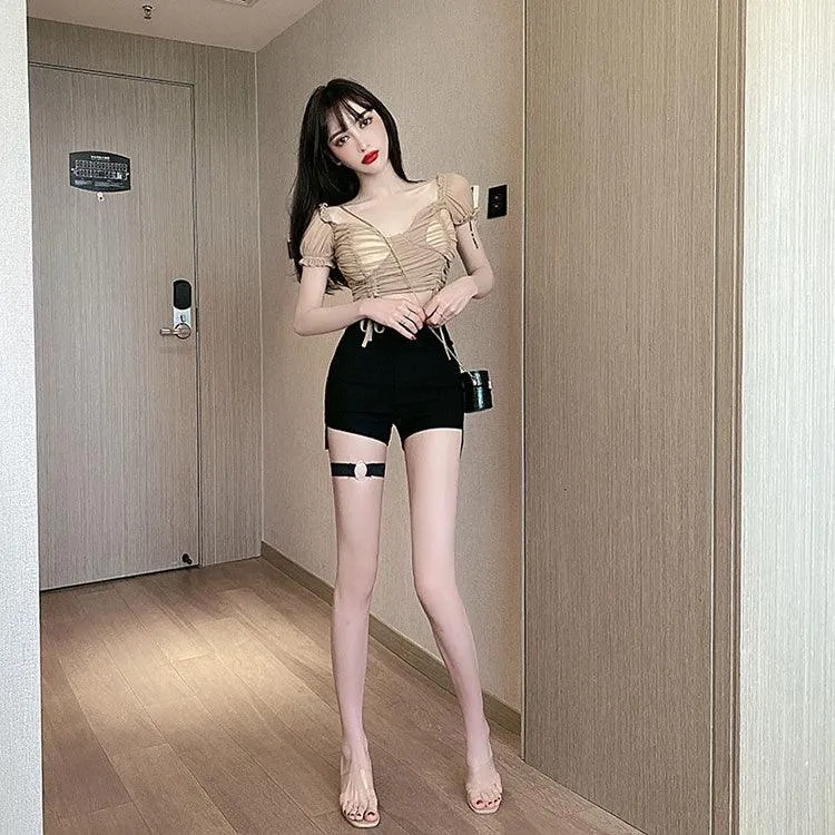 High Waist Shorts Elastic Hip Hollow Buckle High-cut