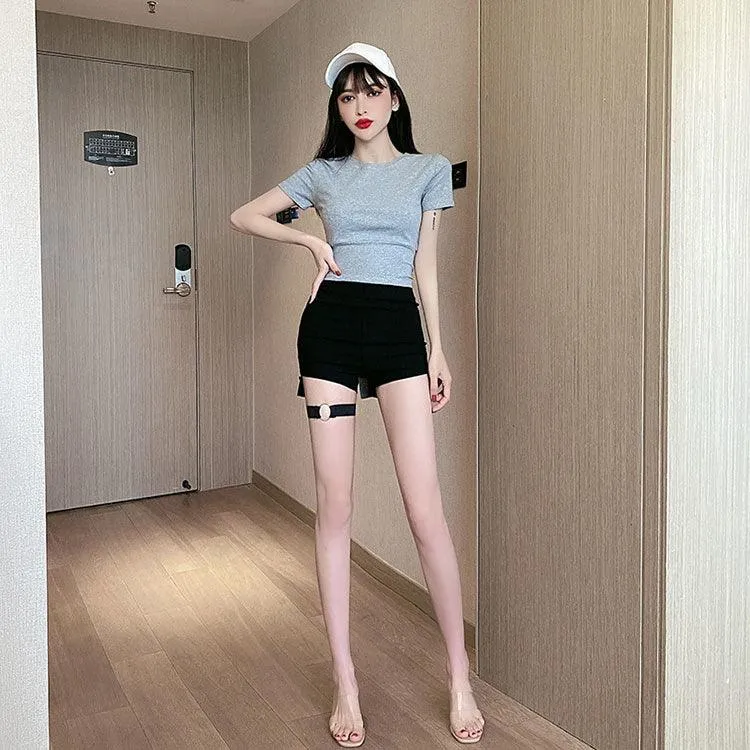 High Waist Shorts Elastic Hip Hollow Buckle High-cut