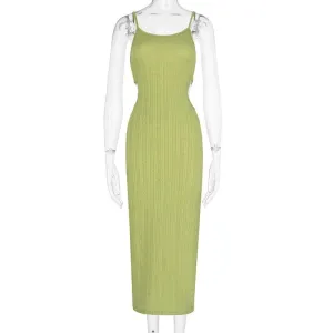 Hollow out textured solid backless cami midi dress