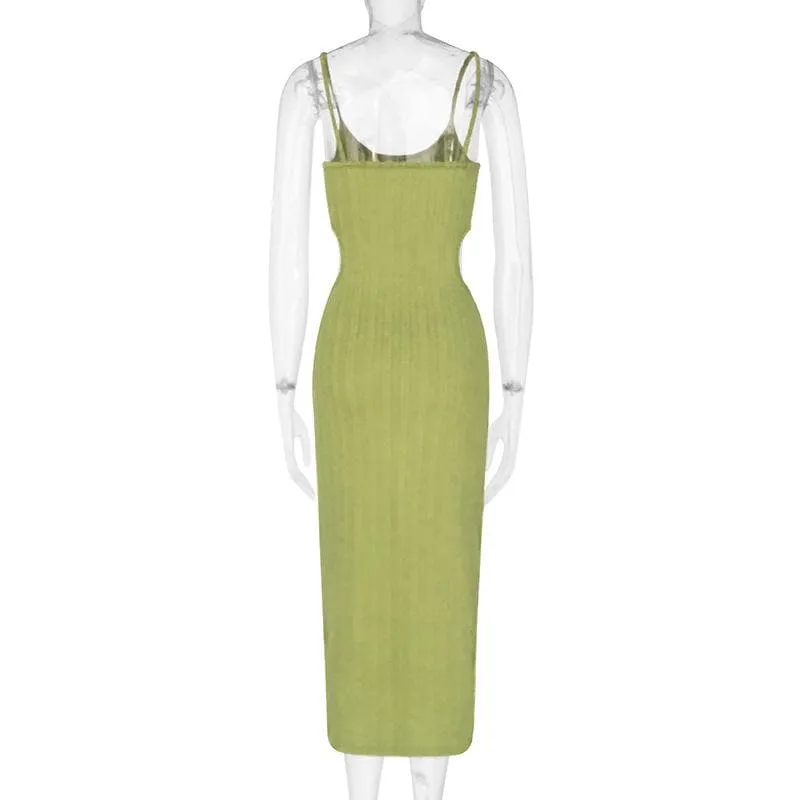 Hollow out textured solid backless cami midi dress