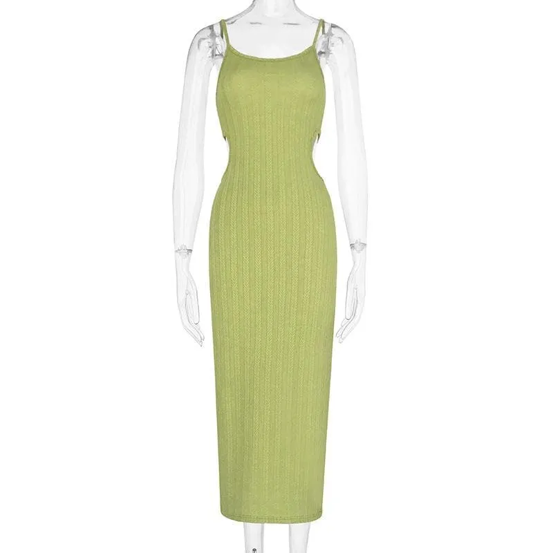 Hollow out textured solid backless cami midi dress