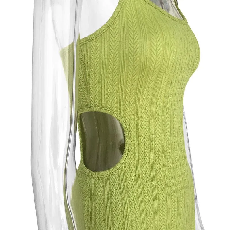 Hollow out textured solid backless cami midi dress