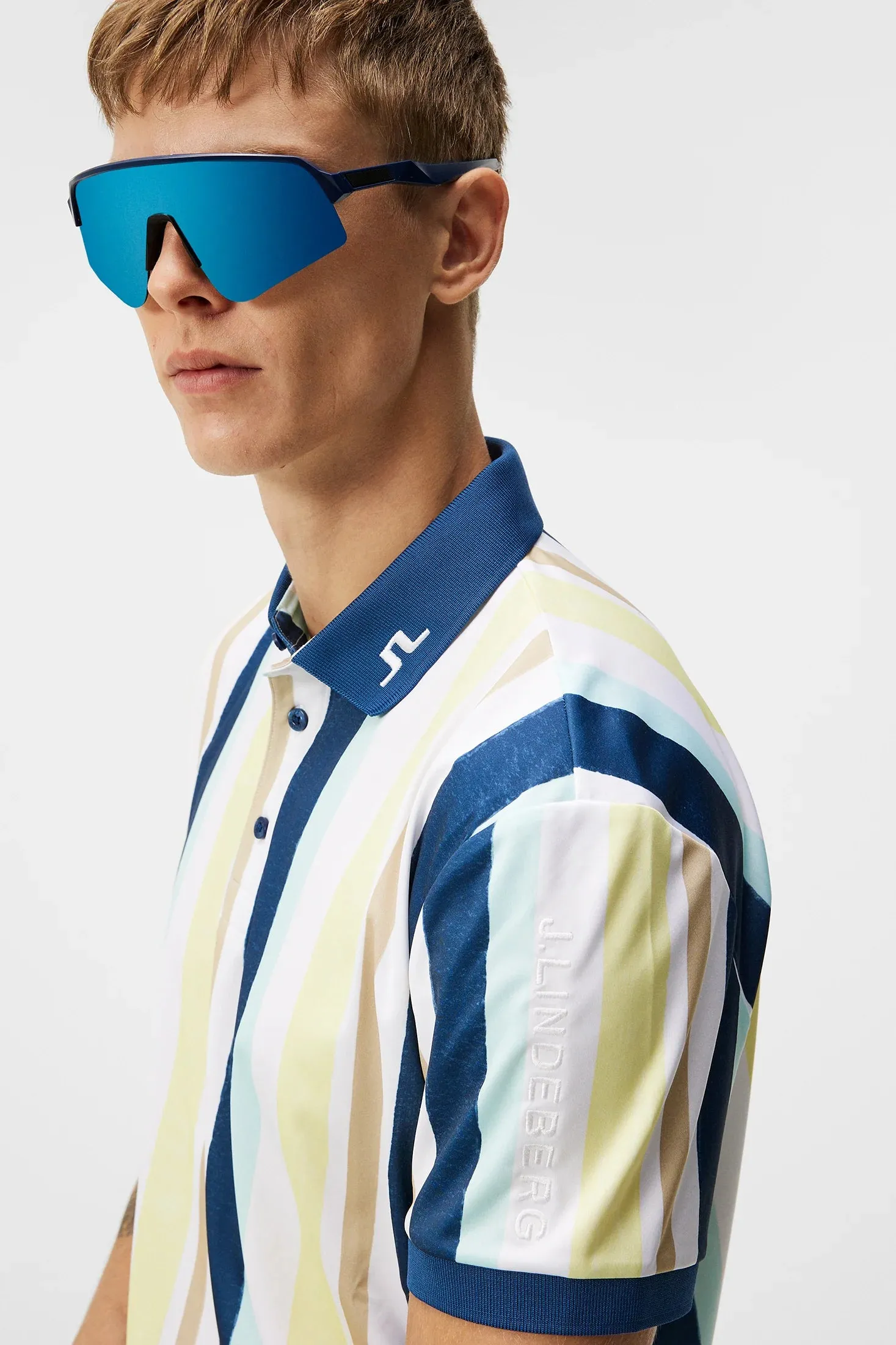J.Lindeberg Mens Tour Tech Regular Fit Print Polo - PAINTED STRIPE WAX YELLOW