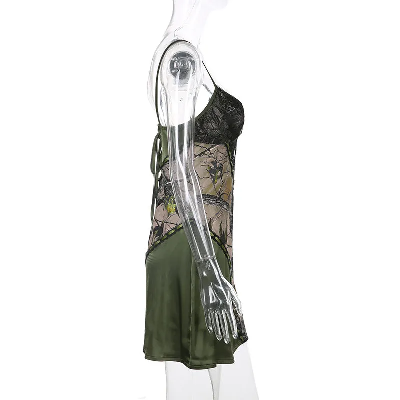 Lace Bow V neck Strap Dress Retro