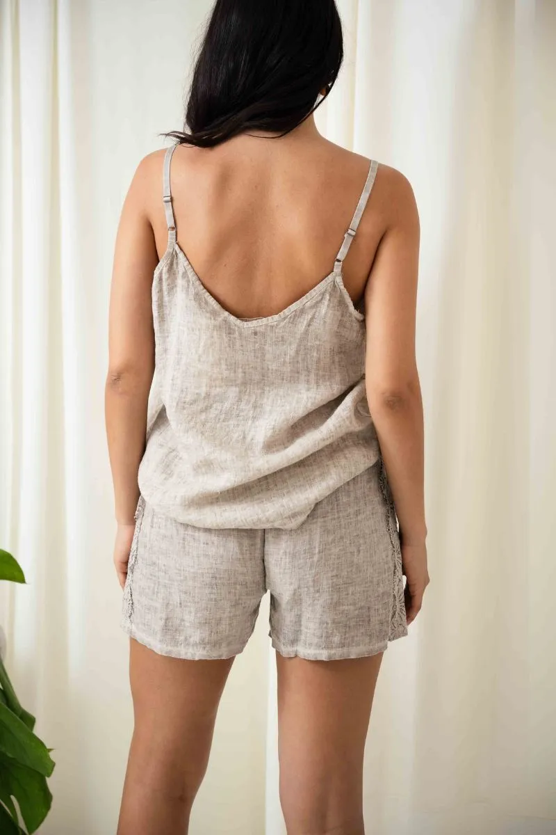 Lace Trim Linen Shorts | Beige