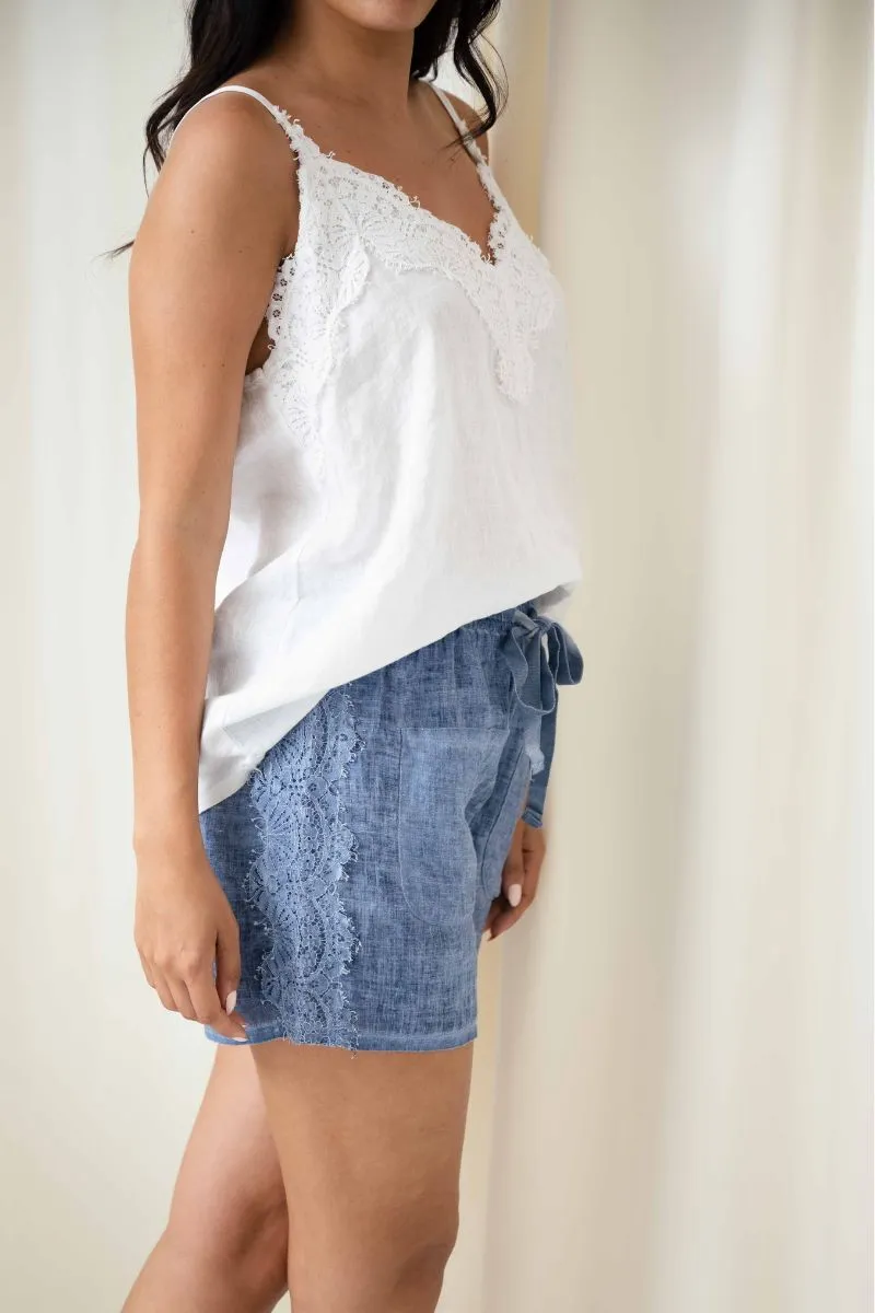 Lace Trim Linen Shorts | Jeans Blue