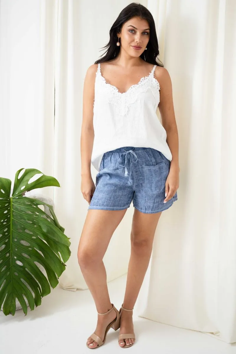 Lace Trim Linen Shorts | Jeans Blue