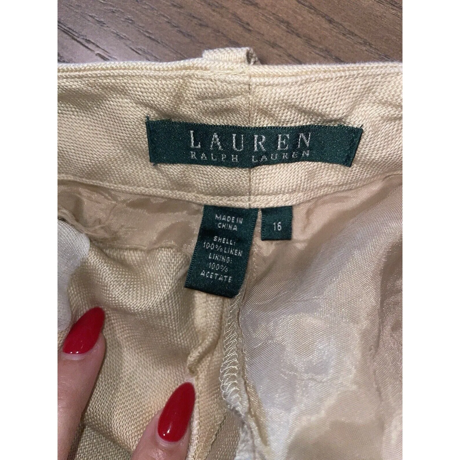 Lauren Ralph Lauren Women's Wide Leg Tan Pant, Linen Pleated Beige, Size 16