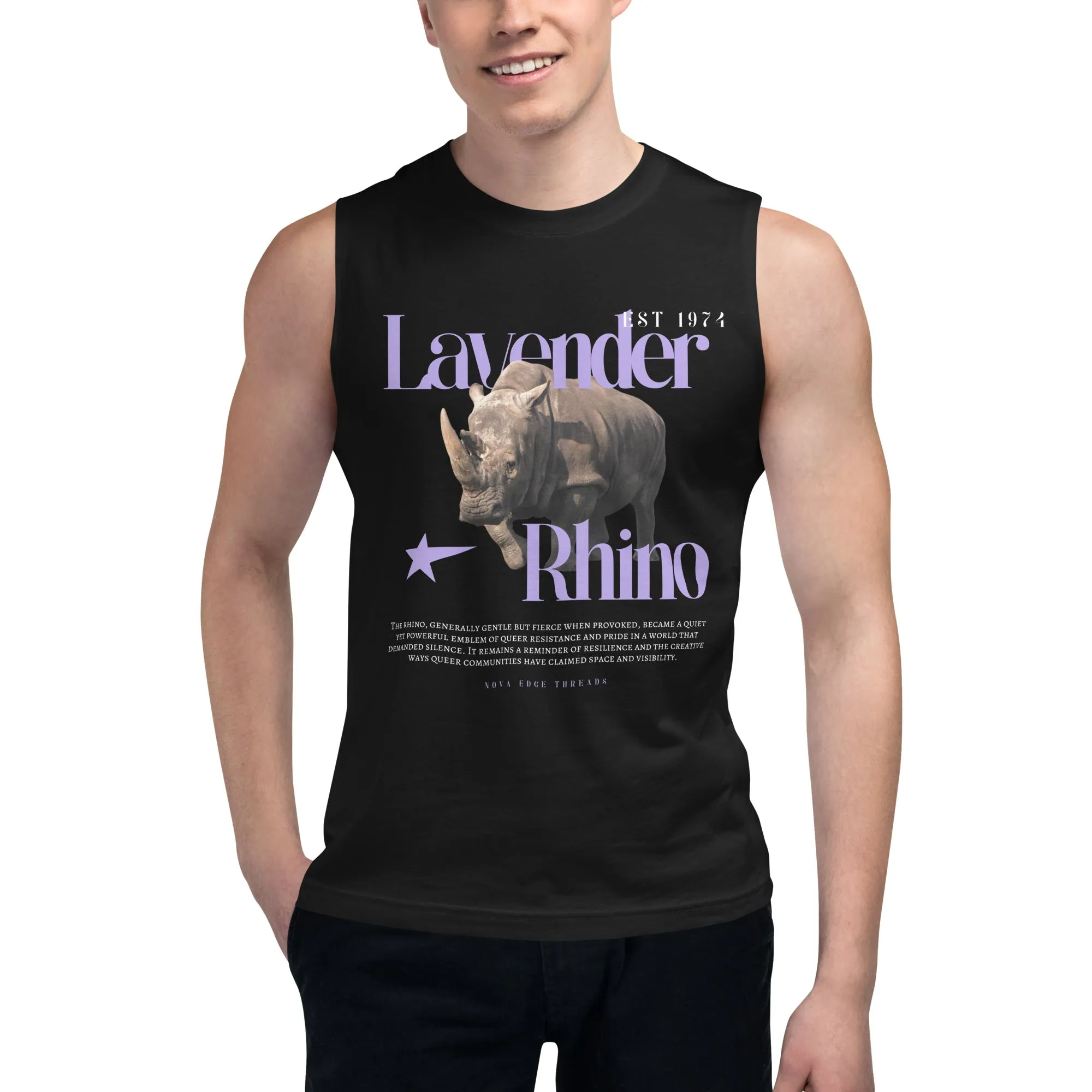 Lavender Rhino Gay Pride Symbol Tee Black Relaxed Fit Sleeveless Tank Top