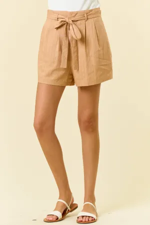 LINEN BLEND PIN STRIPE SELF STRAP BELT SHORTS W/ SIDE POCKET