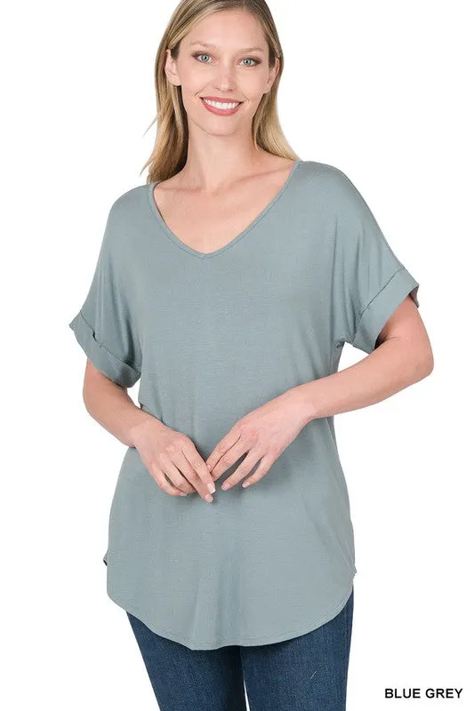 LUXE RAYON SHORT CUFF SLEEVE V-NECK ROUND HEM TOP