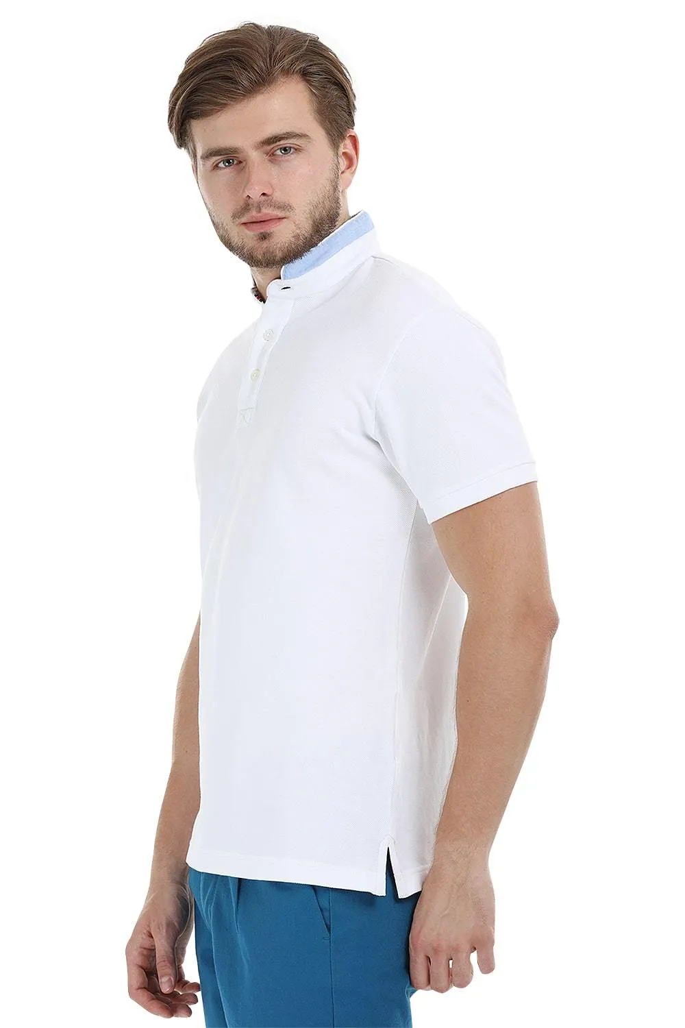 Mandarin Collar White Polo T-Shirt