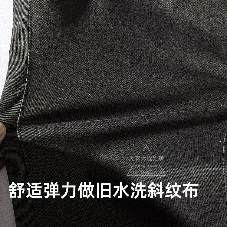 Men's Fashion Twill Woven Pencil Pants - Elastic Washed Old Business Casual Straight Trousers for All Seasons