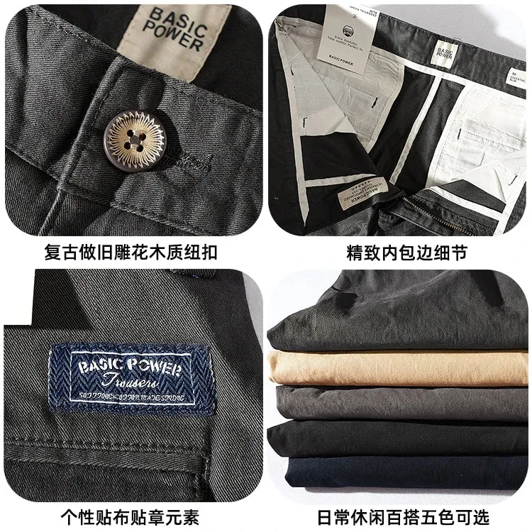Men's Fashion Twill Woven Pencil Pants - Elastic Washed Old Business Casual Straight Trousers for All Seasons