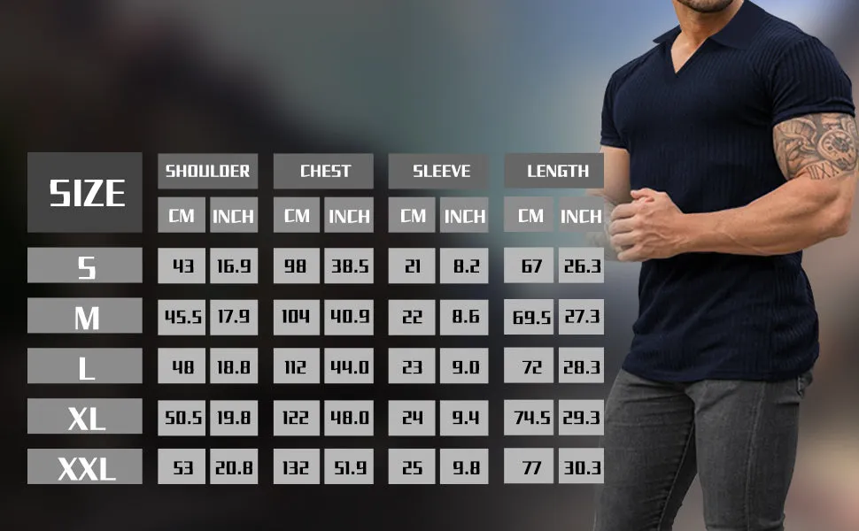 Men's Muscle V Neck Polo Shirts Slim Fit Short Long Sleeve Cotton Golf T-Shirts Ribbed Knit Soft Tees