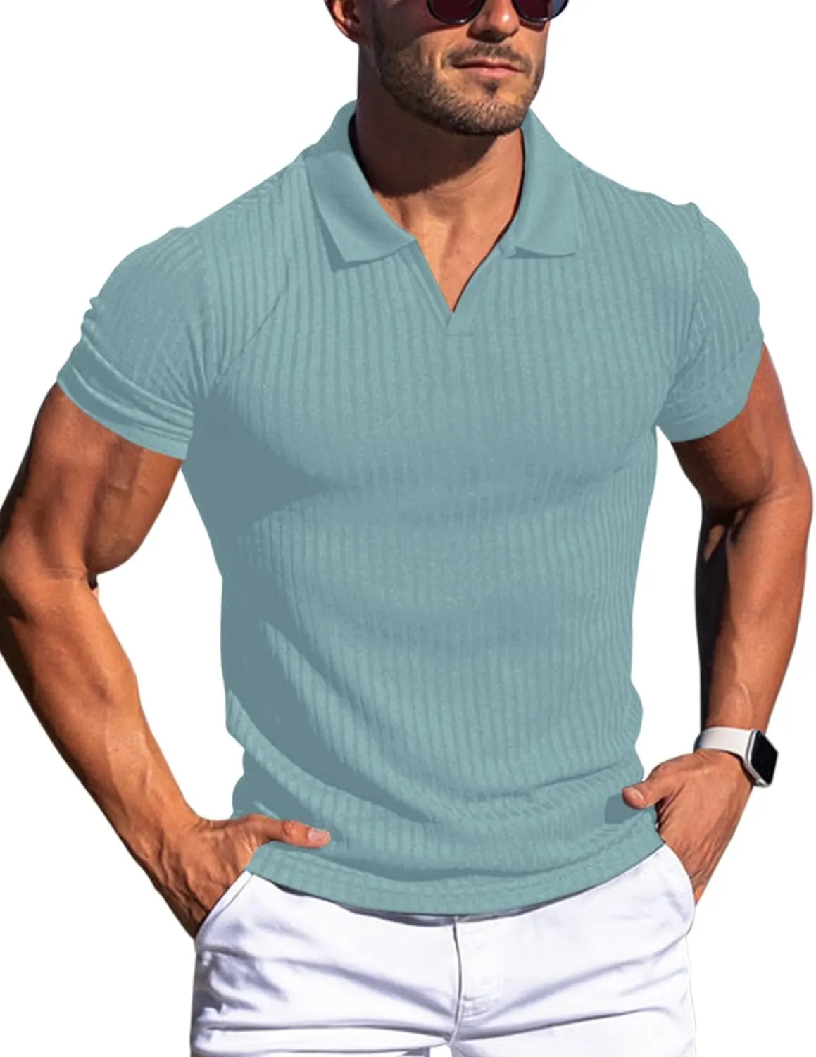 Men's Muscle V Neck Polo Shirts Slim Fit Short Long Sleeve Cotton Golf T-Shirts Ribbed Knit Soft Tees