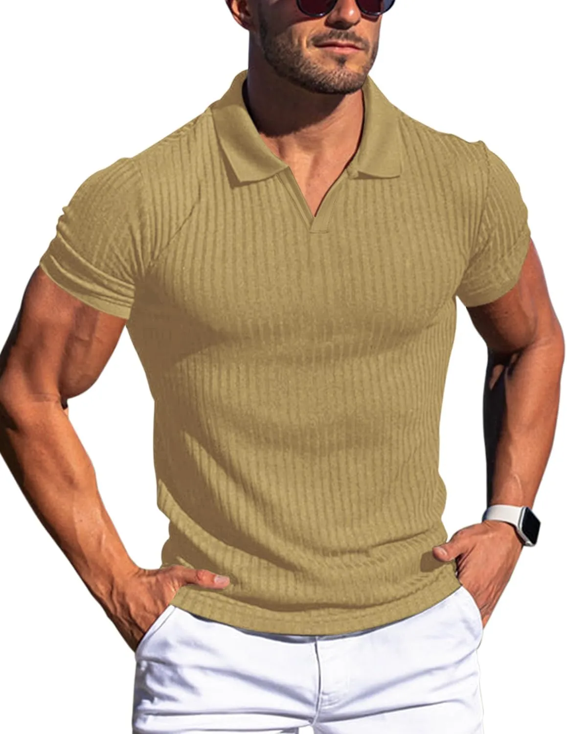 Men's Muscle V Neck Polo Shirts Slim Fit Short Long Sleeve Cotton Golf T-Shirts Ribbed Knit Soft Tees