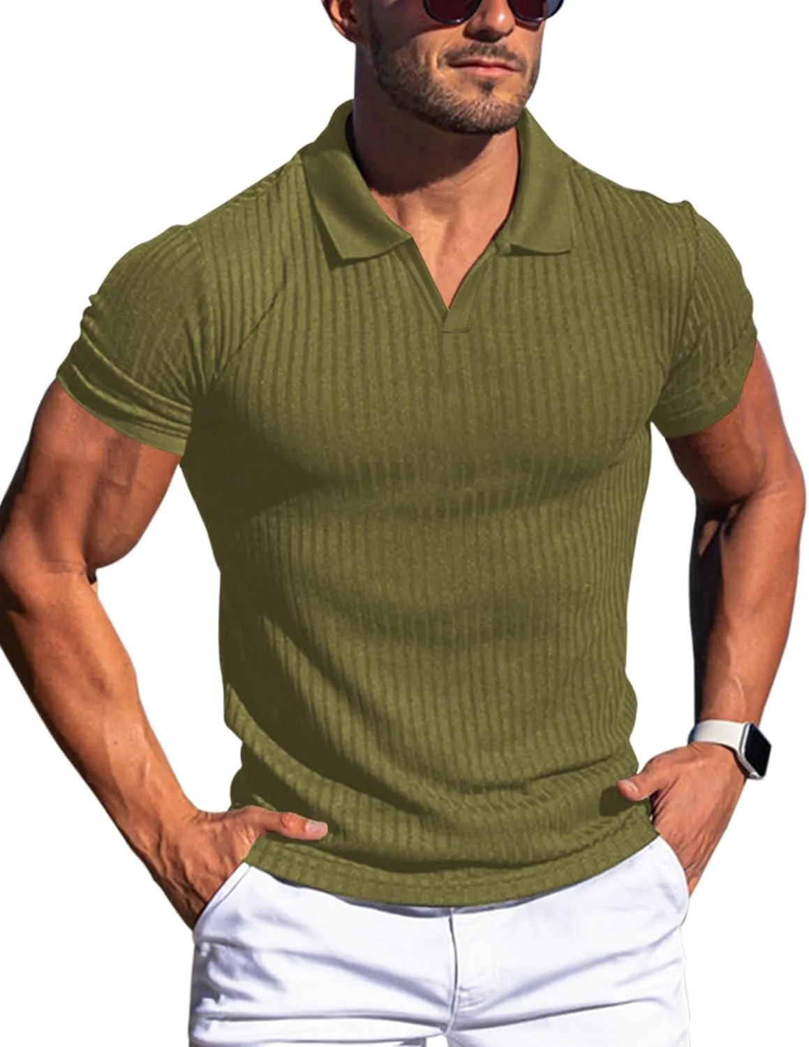 Men's Muscle V Neck Polo Shirts Slim Fit Short Long Sleeve Cotton Golf T-Shirts Ribbed Knit Soft Tees