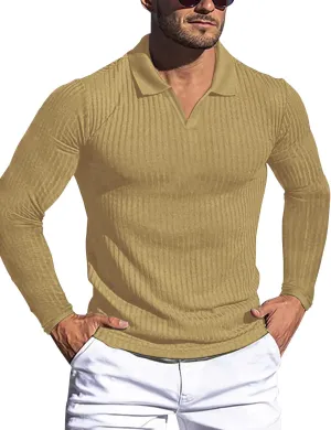 Men's Muscle V Neck Polo Shirts Slim Fit Short Long Sleeve Cotton Golf T-Shirts Ribbed Knit Soft Tees