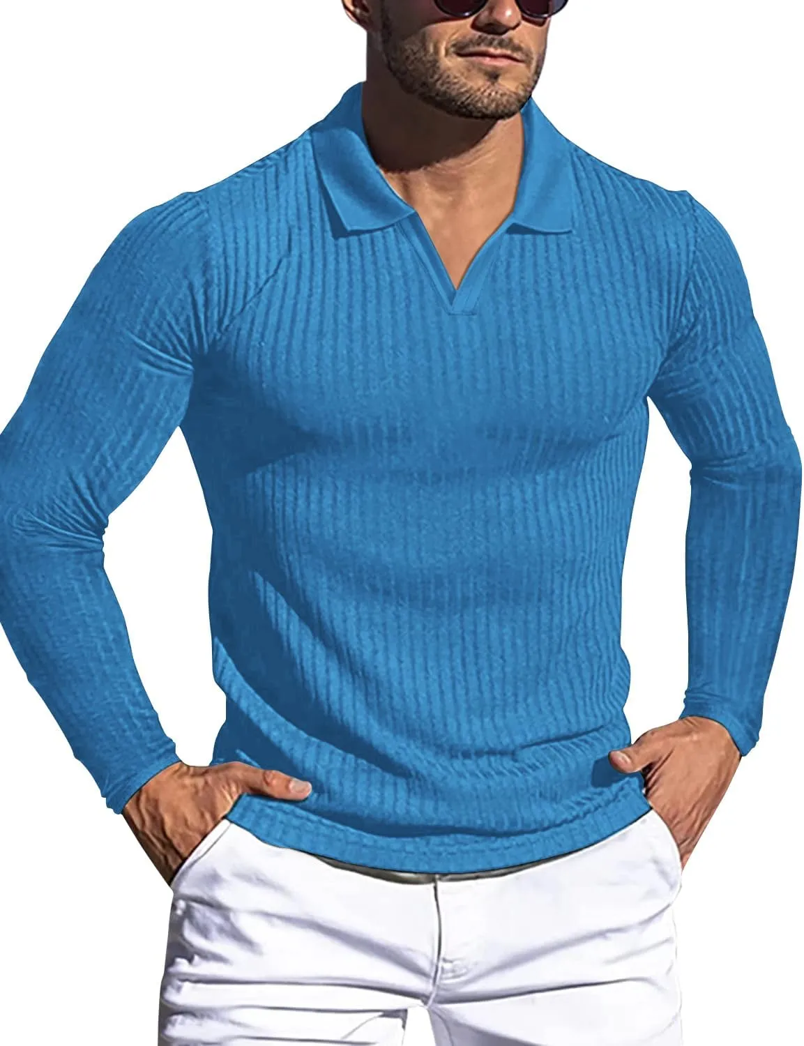 Men's Muscle V Neck Polo Shirts Slim Fit Short Long Sleeve Cotton Golf T-Shirts Ribbed Knit Soft Tees