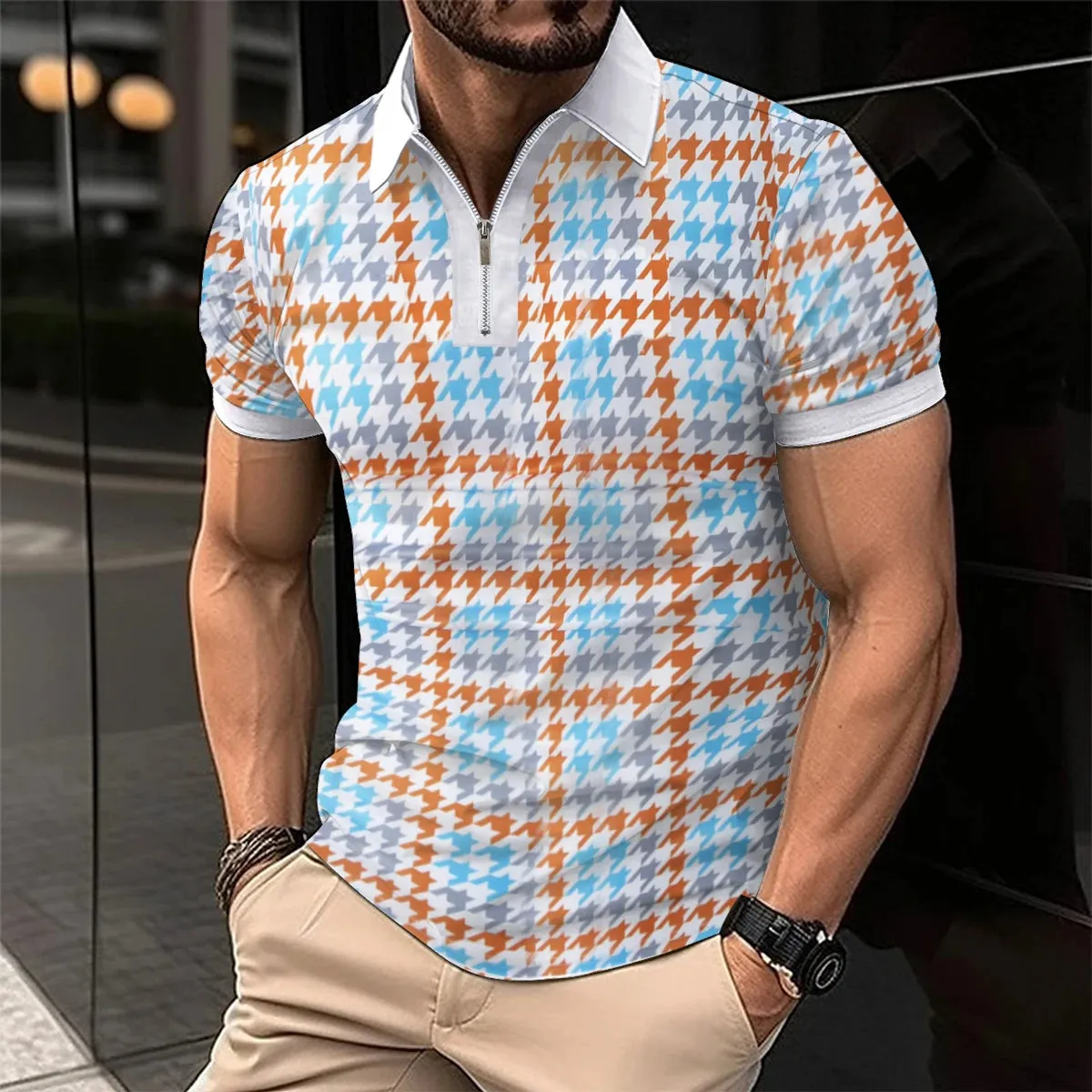 Men's Short Sleeve Polo Shirt with Splice Stripe Printing