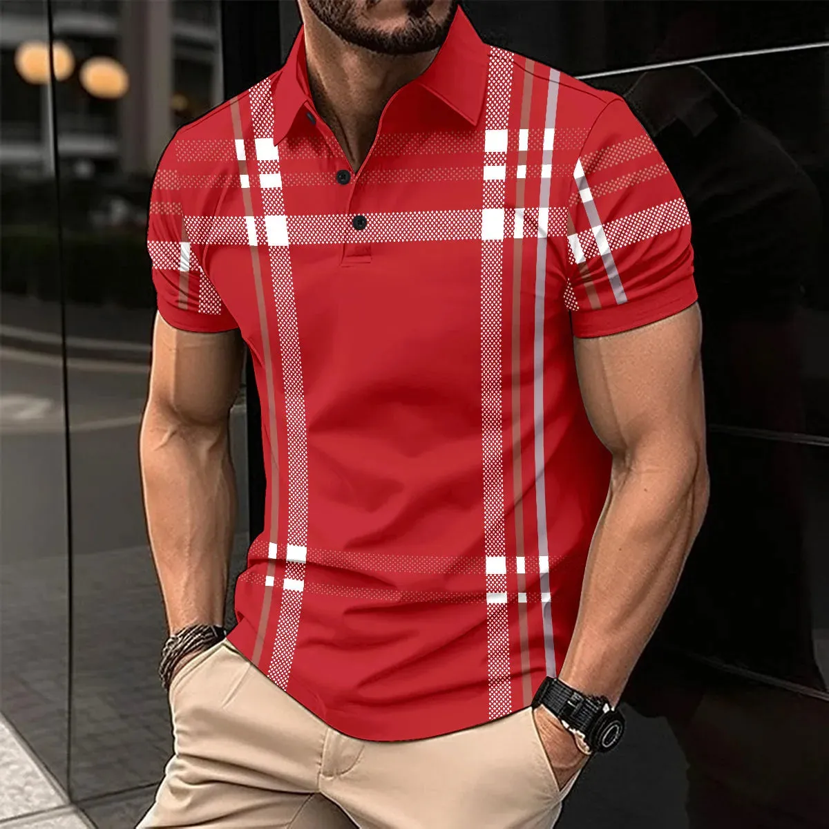 Men's Short Sleeve Polo Shirt with Splice Stripe Printing