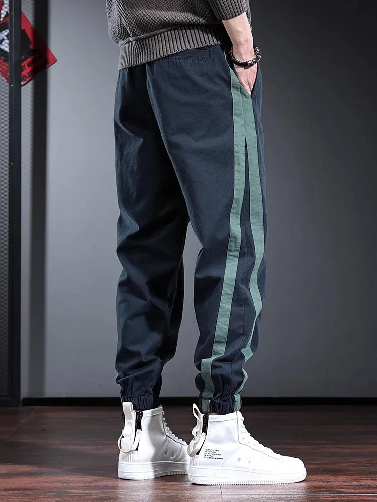 Men's Side Stripe Cotton Blue Pants: Fashion Sport Casual Elastic Waist Drawstring Jogging Trousers