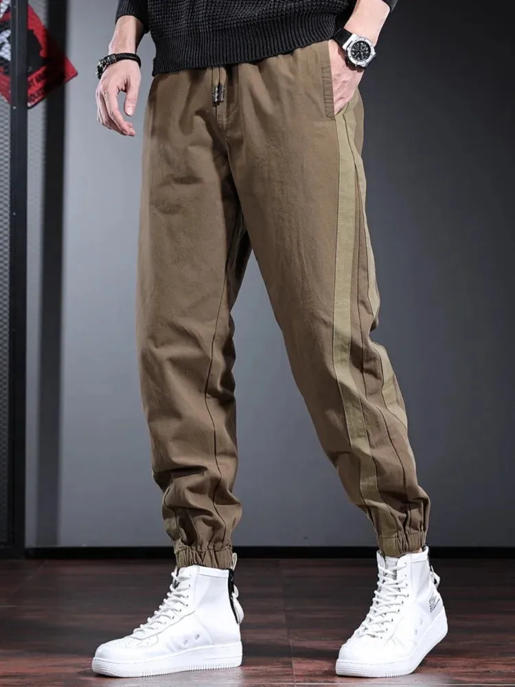 Men's Side Stripe Cotton Blue Pants: Fashion Sport Casual Elastic Waist Drawstring Jogging Trousers